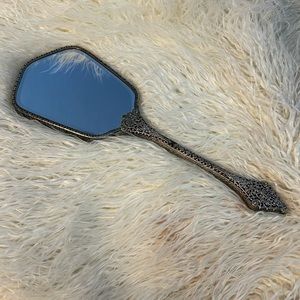 Antique Victorian Hand Mirror Silver Heavy Flowers Hand Stitched